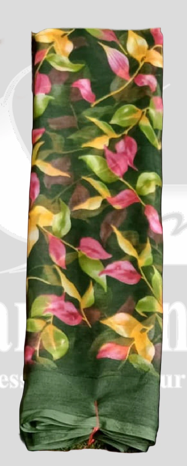 Chiffon Printed Leaf Design Saree &ndash; SANGNI1203 &ndash; Dark Green Mix